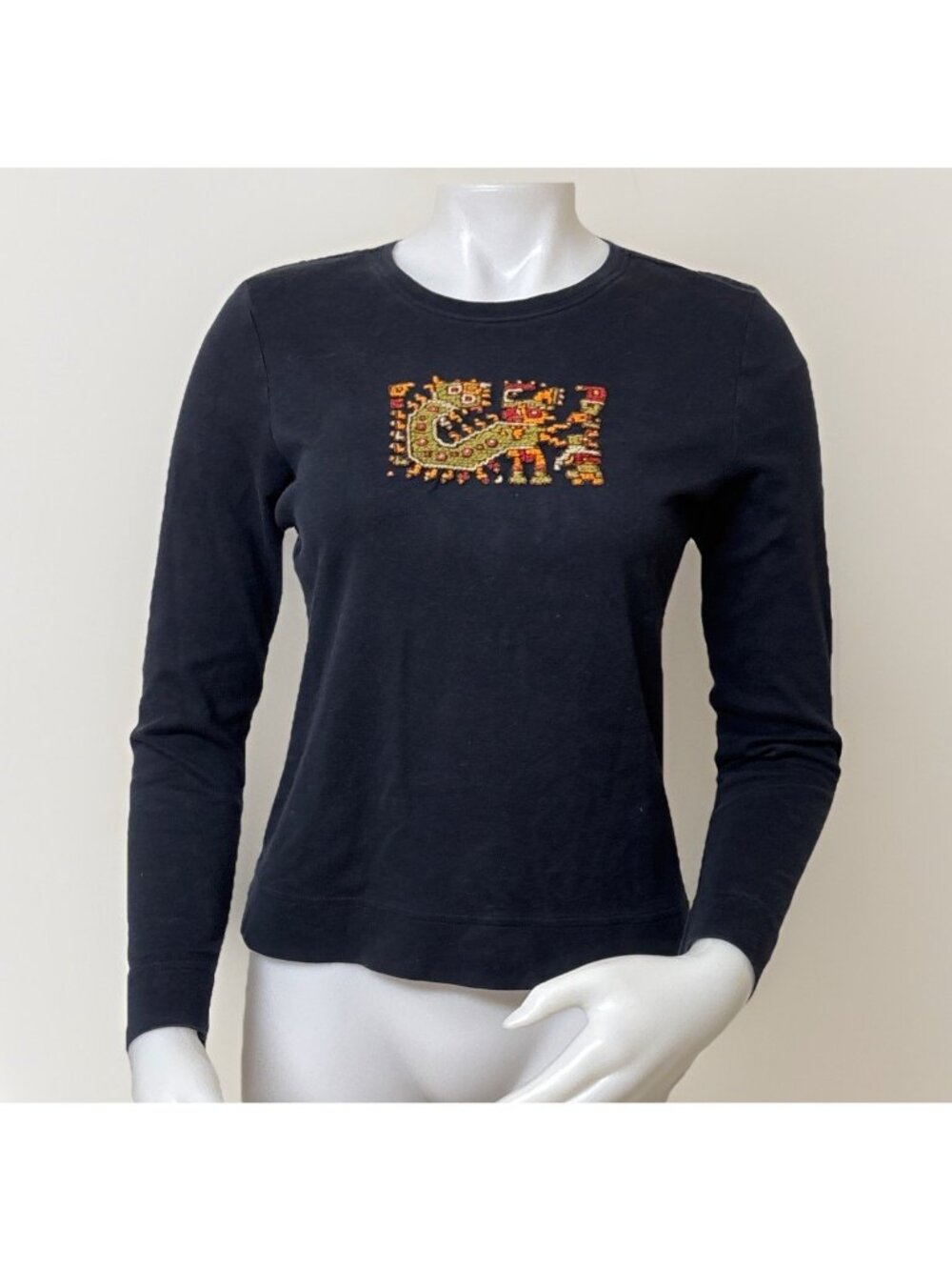 Peruvian Connection Top Womens S Black Pima Tribal Embroidered Long Sleeve Tee